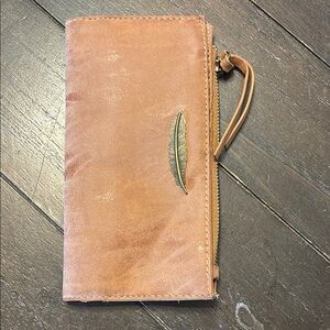 Payless Tan Leather Wallet with Feather Accent